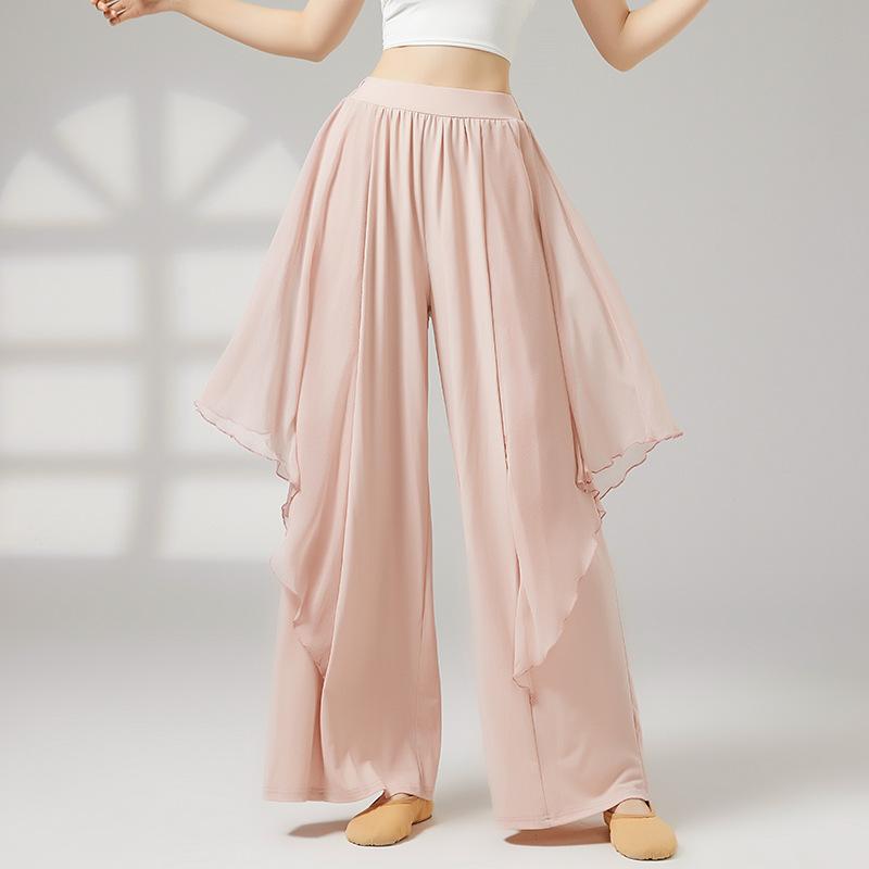 Damen Klassische Tanzhose Doppellagig Elastischer Bund Weiter Beinschnitt Fließend Gespleißtes Netz Chinesisches Performance-Übungskostüm