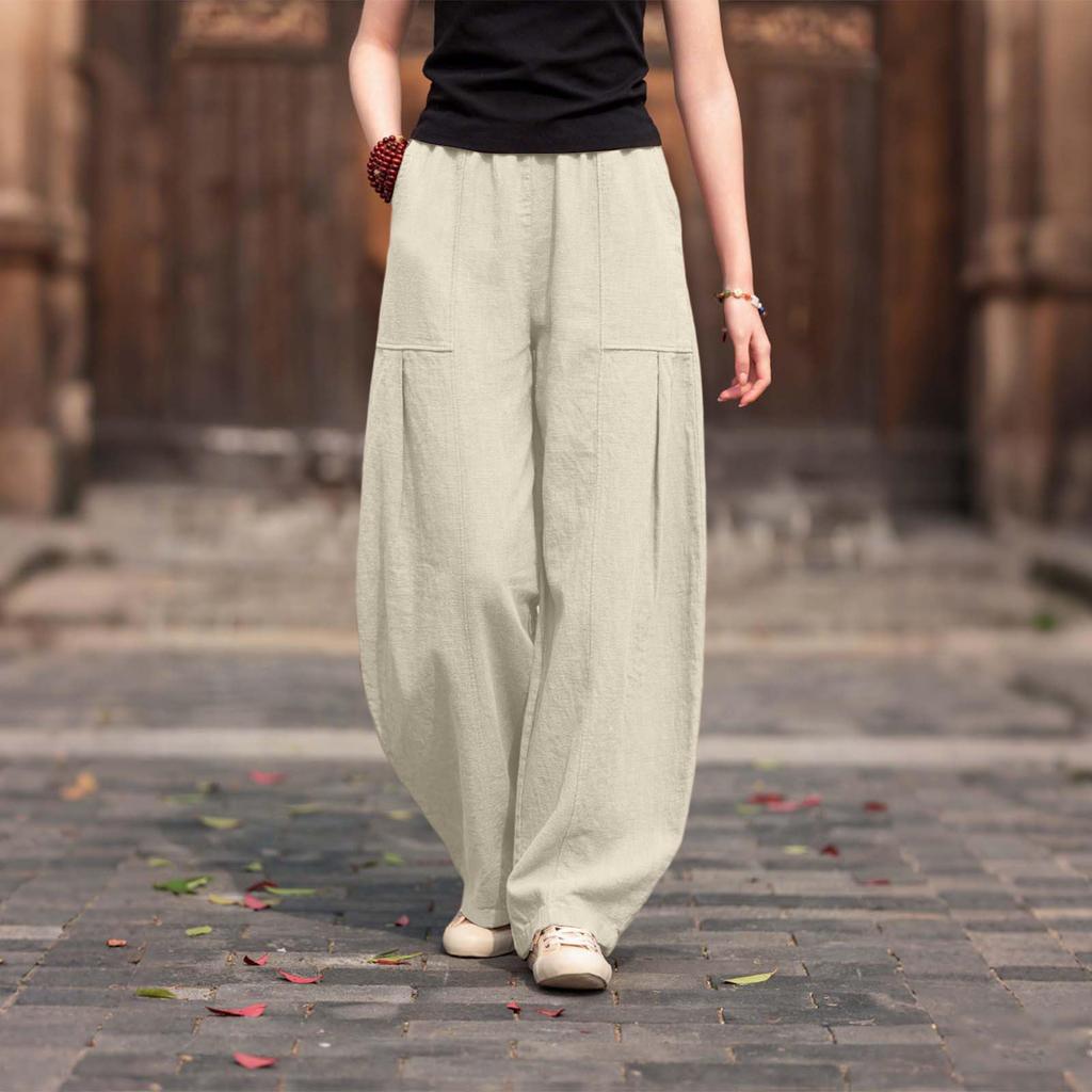 Ladies' Color Casual Fashion Breathable Loose Cotton And Linen Pants