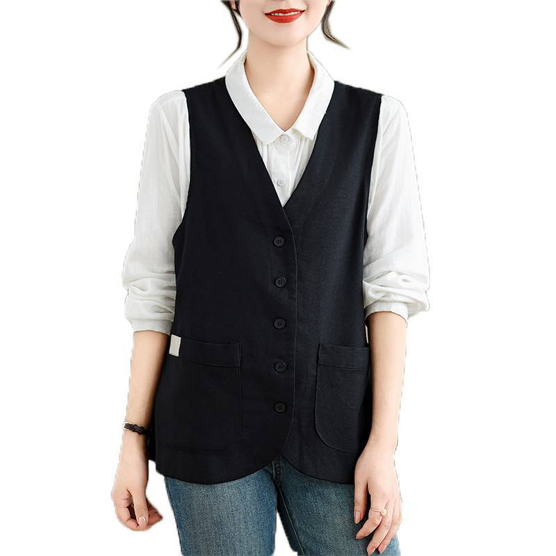 Women's V Neck Sleeveless Linen Blend Waistcoat Oversized Loose Button Down Vest Vintage Retro Pocket Layering Gilet Spring Summer Casual Outerwear