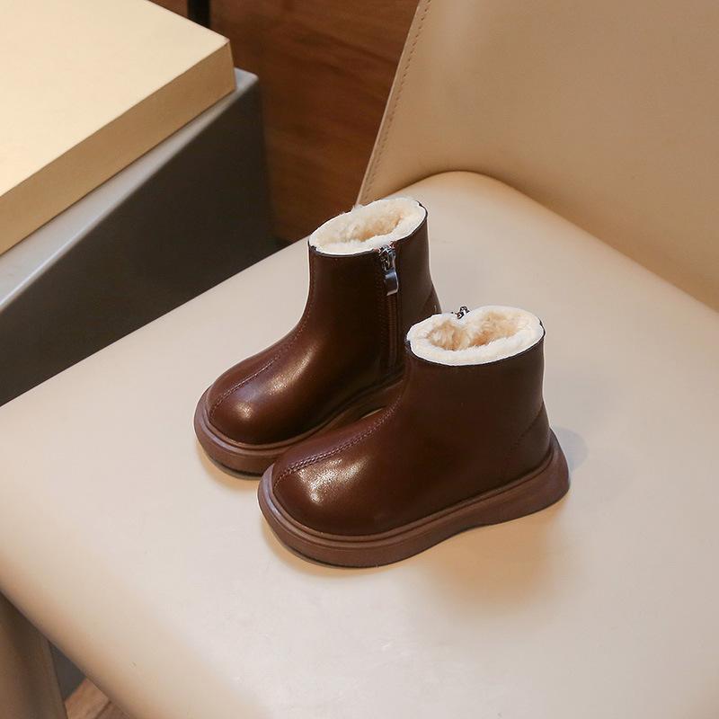 Children Boots Simple Girls Ankle Boot Black Kids Short Leather Boots Side Zipper Thick Bottom Autumn Winter