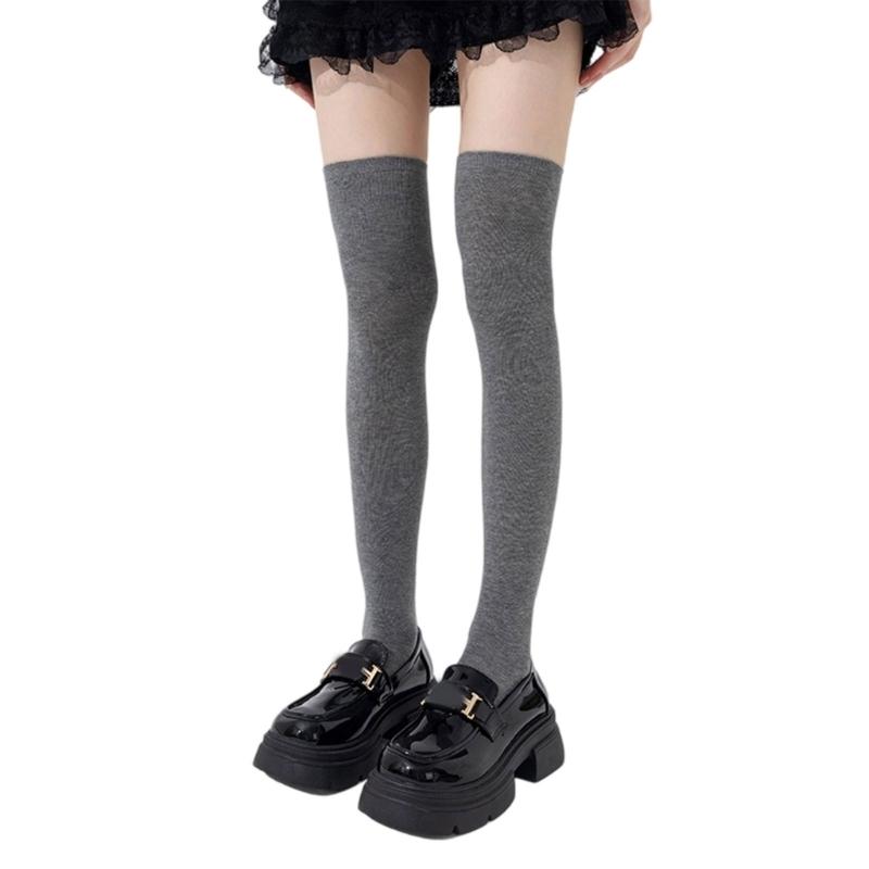 Women Solid Color Ribbed Cuffs Thigh High Stockings Japanese Preppy Students Stretchy Over The Knee Long Boot Socks