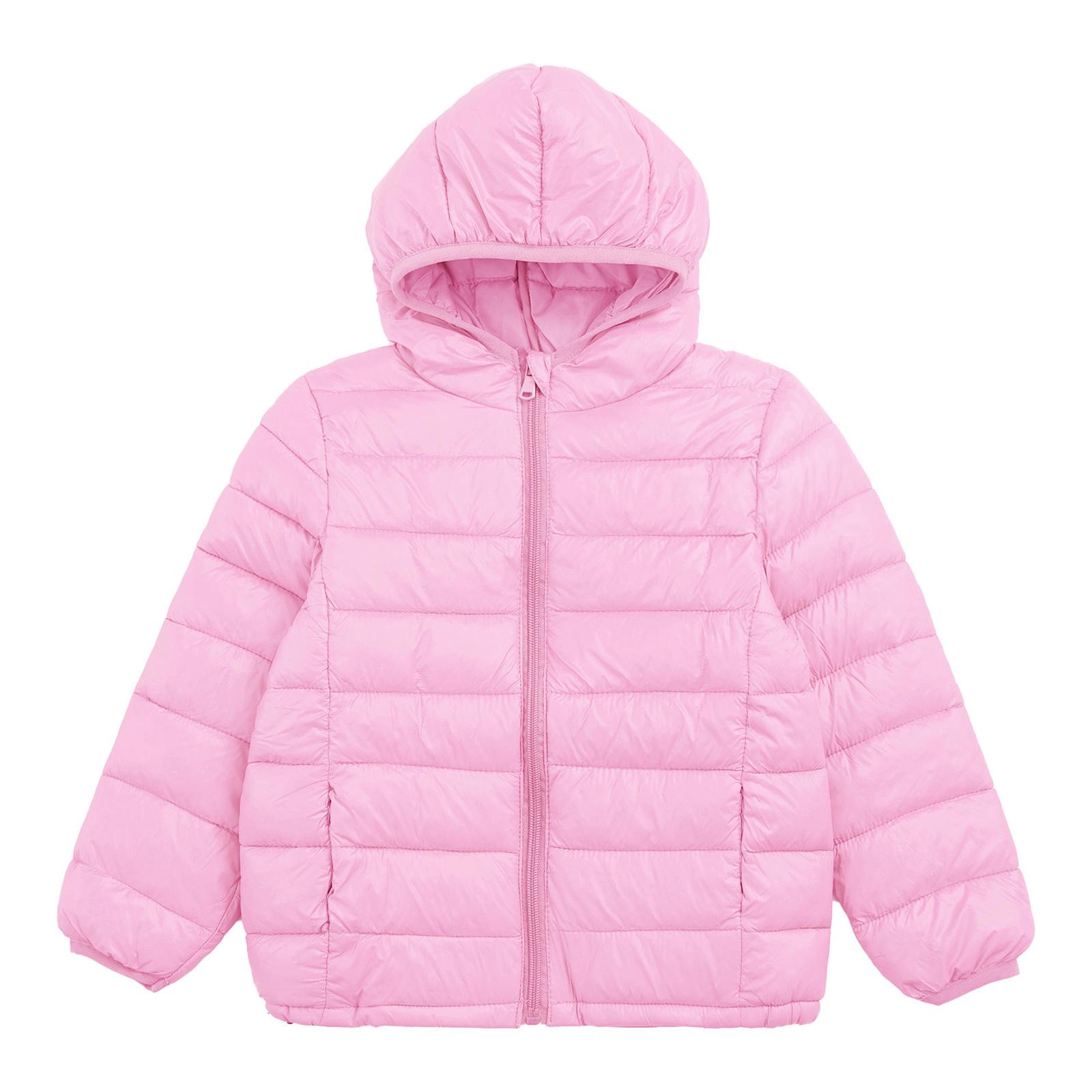 

Boys Girls Long Sleeve Hoodie Style Down Jacket Solid Color Zipper Closure Warm Lightweight Outerwear 13-14 Years рожевий