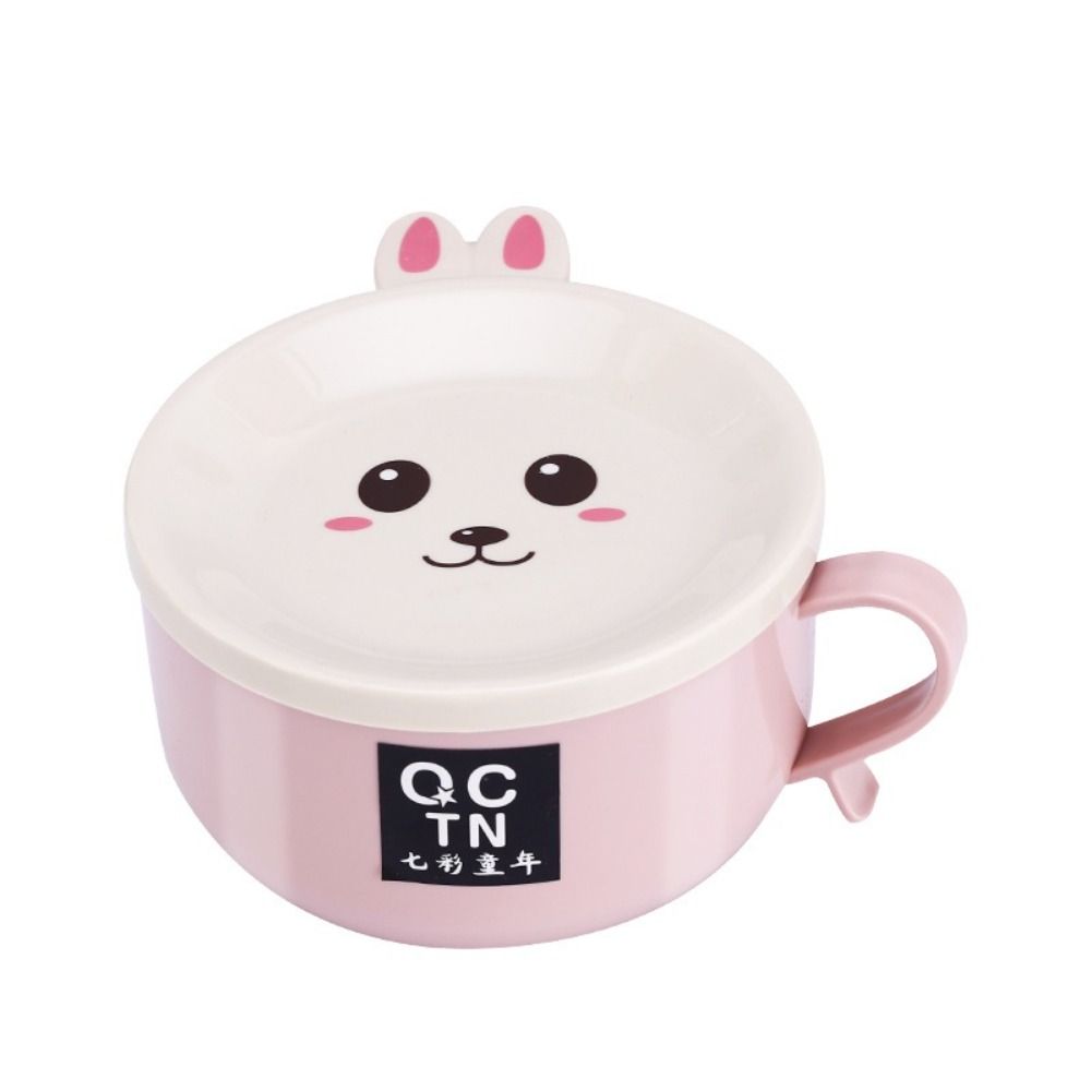 Kreslený japonský králík miska na instantní nudle Nerezová dvouvrstvá miska na rýži Miska na polévku Přenosné nádobí s víčkem Lžíce