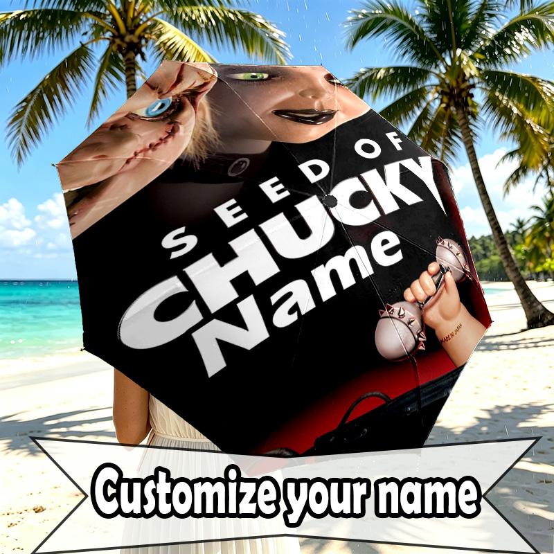 Custom Name Personalized Bride of Chucky Print Umbrella, Auto Open Close, 8‑Rib Sturdy Frame, Commute Camping Hiking Use, Birthday Gift