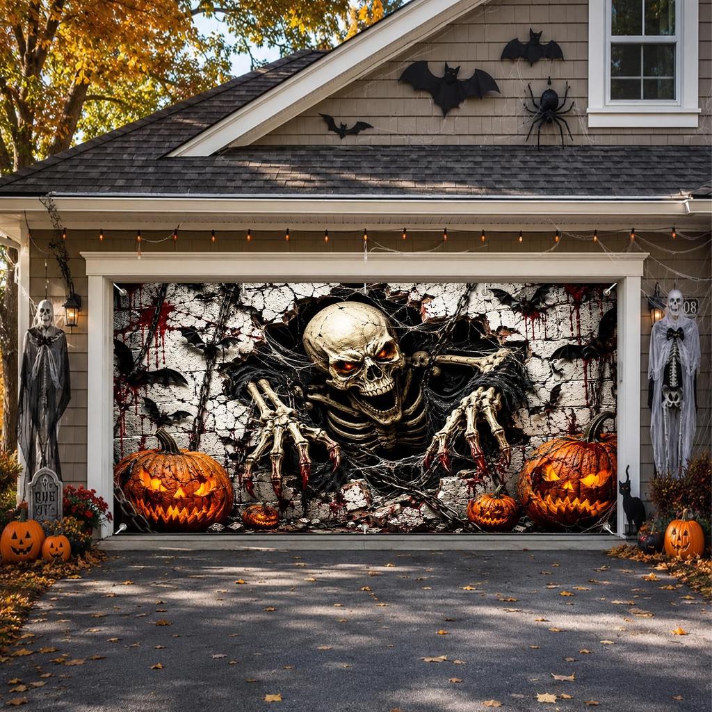 Halloween Garage Door Cover 13x6ft Skeleton Pumpkin Horror Banner
