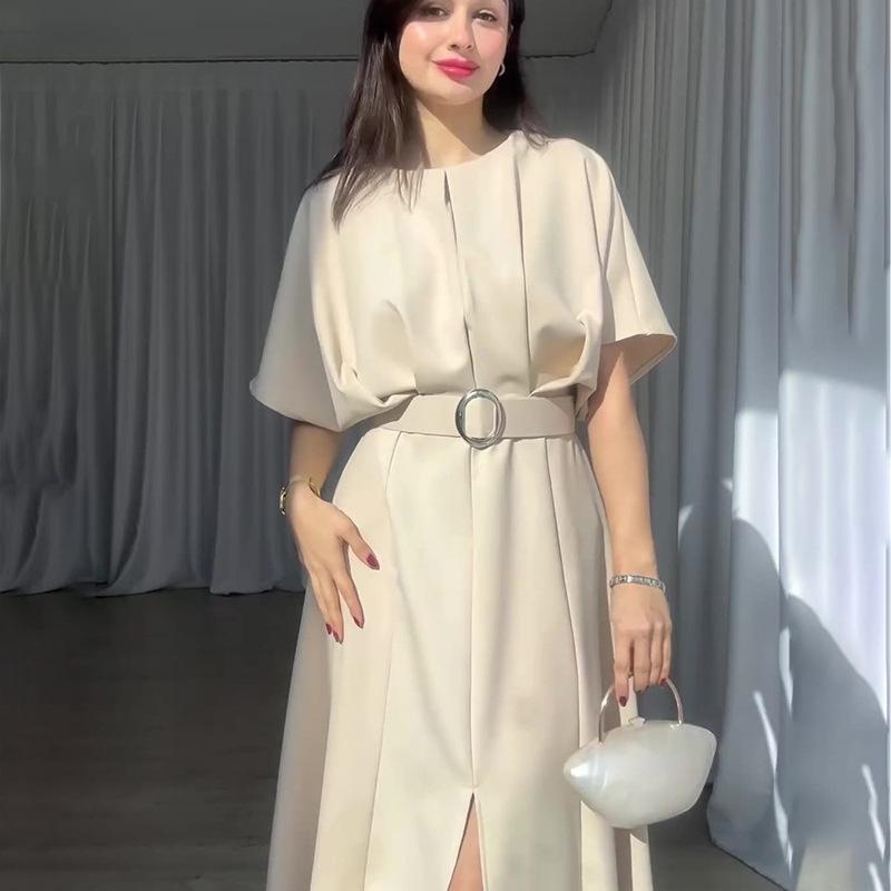 Women's Solid Color Fashionable Round Neck Short Sleeved Dress with Waist Belt and Slim Fit Long Skirt