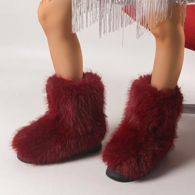 Fashion Fur Flats Women's Mid Calf Snow Boots Winter Short Plush Thick Sole Warm Shoes 2024 New Trend Fashion Goth Boots for Walking