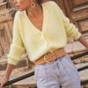Französischer Vintage Strickcardigan Hellgelb V-Ausschnitt Einreihig Lockerer Pullover