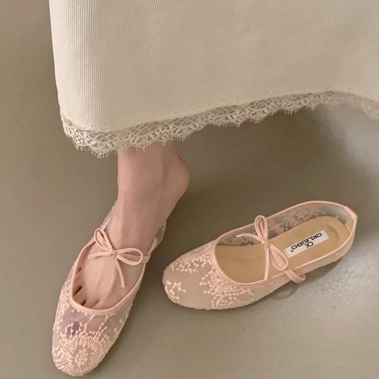 Gentle bow ballet shoes new hollow mesh lace embroidered shoes single shoes