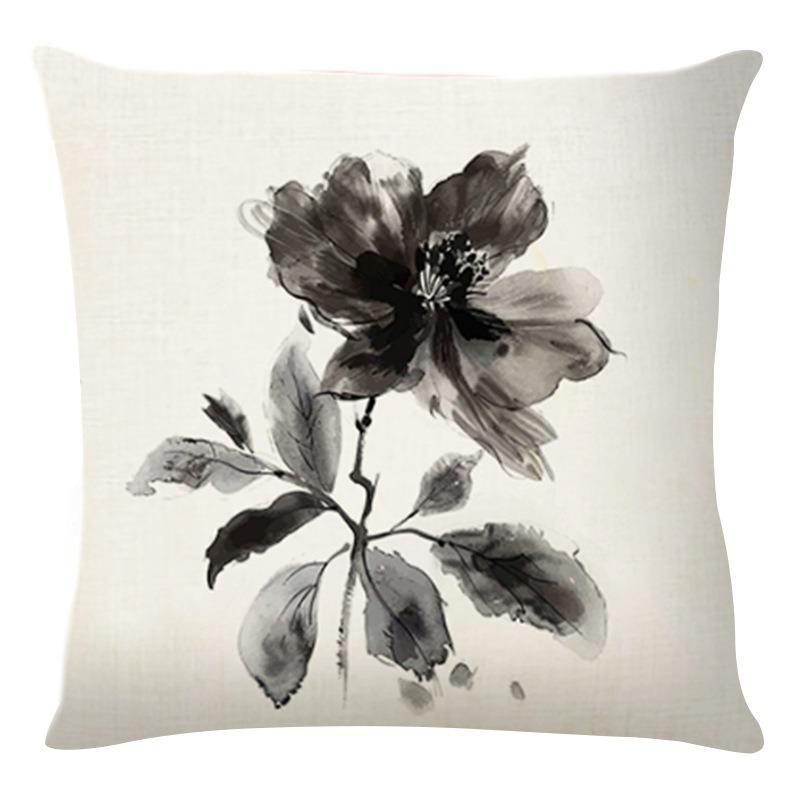 Chinese Style Ink Painting Floral Home Decor Pillowcase Bedroom Living Room Sofa Decoration Polyester Cushion Cover With Zipper