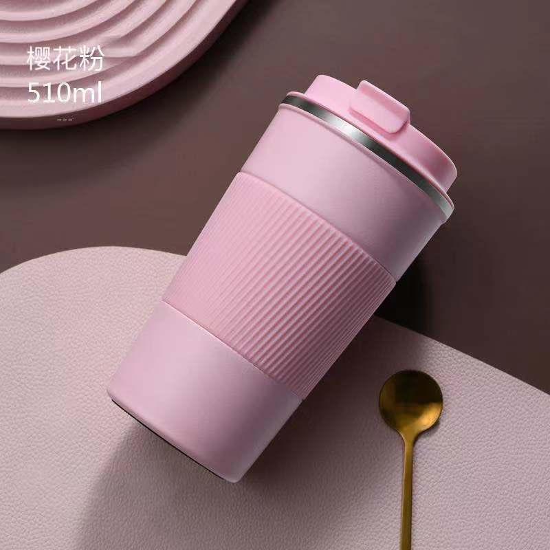 304 stainless steel thermal mug, fashionable car coffee cup with silicone sleeve, flip-top coffee cup