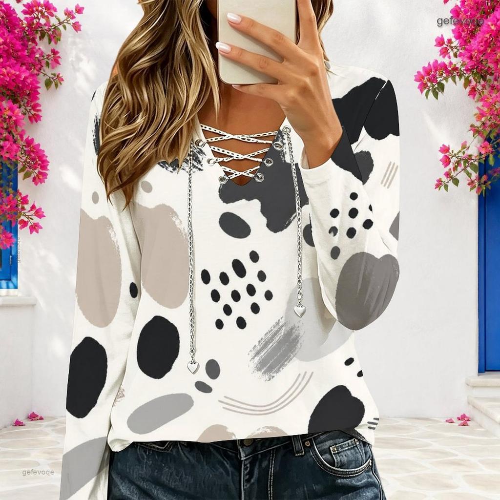 Women Plus Size V Neck Long Sleeve Abstract Printed Eyelet Chain Lace Up Top