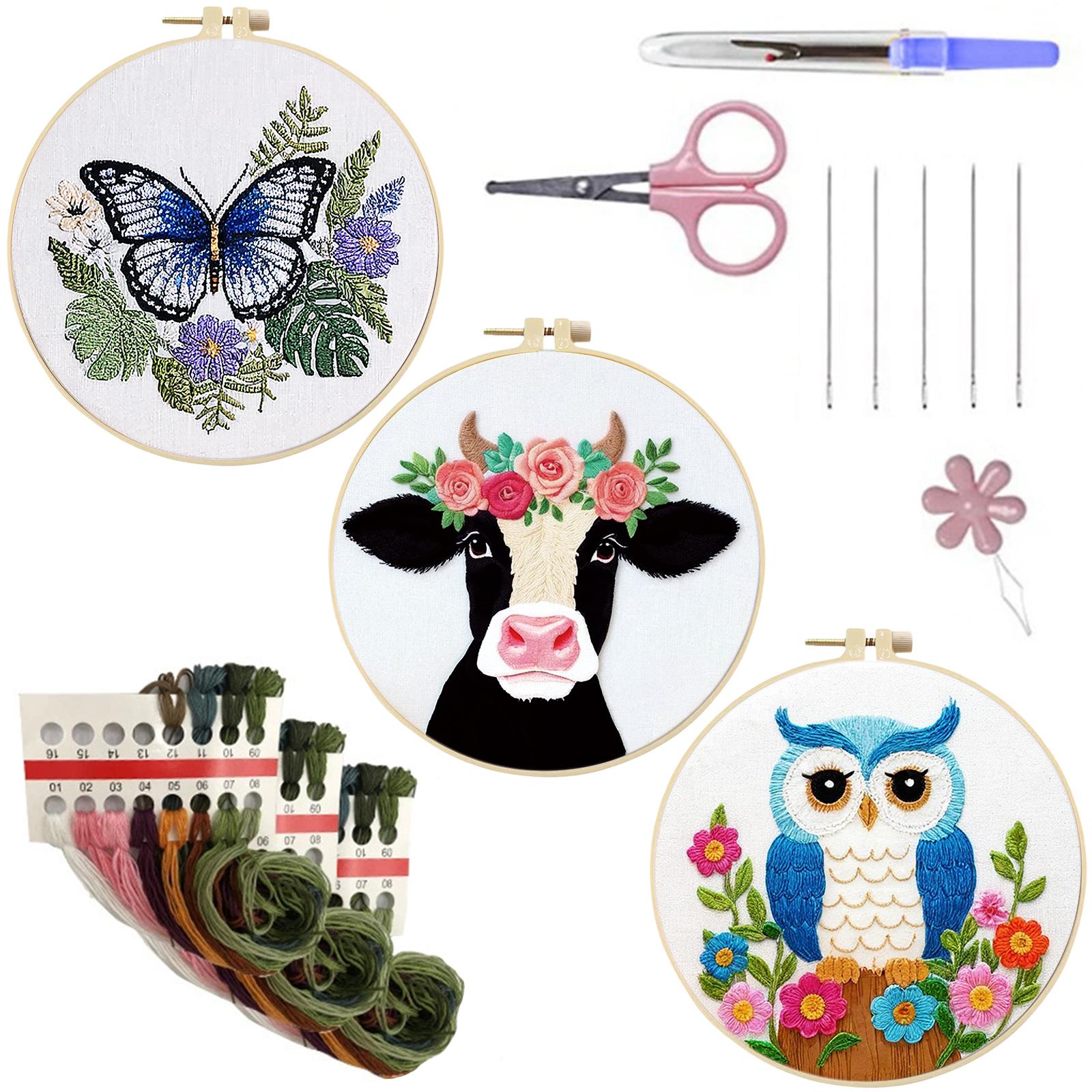 

3 Pack Animal DIY Embroidery Starter Kit with Embroidery Hoop Stitches Kit 30x30cm for Beginners Adults Hand Craft Lover Gift