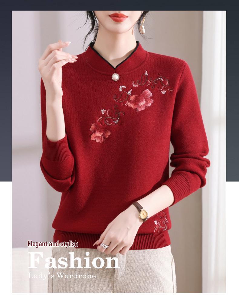 Embroidered Velvet Knit Sweater for Women - Autumn/Winter, Versatile & Warm for Middle-aged/Elderly