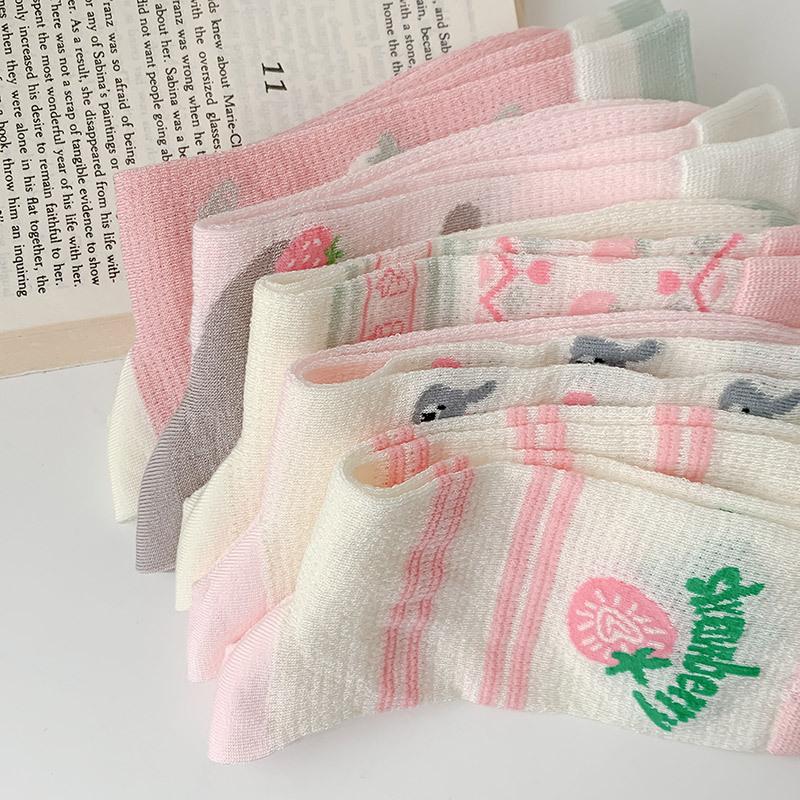Pink And White Socks Women'S Summer Mesh Hollow Cool Tube Socks Women'S Stacking Socks Cute Strawberry Girl Socks