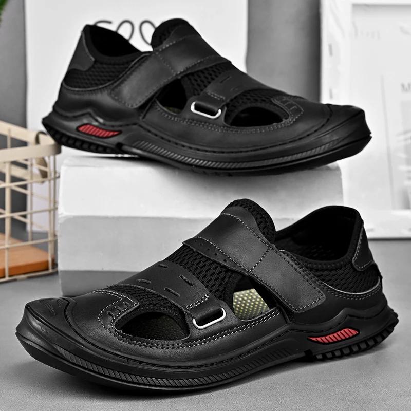 

Летние мужские сандалии из натуральной кожи, мужская повседневная обувь, уличные мужские кожаные сандалии для мужчин, пляжная обувь, римская мужская обувь 38 чёрный