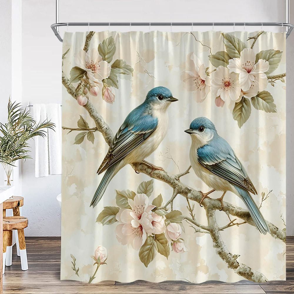 Bird Cartoon Shower Curtain Oil Painting Flower Leaf Tree Animal Print Spring Summer Bathroom Decor Modern Floral Bath Curtain