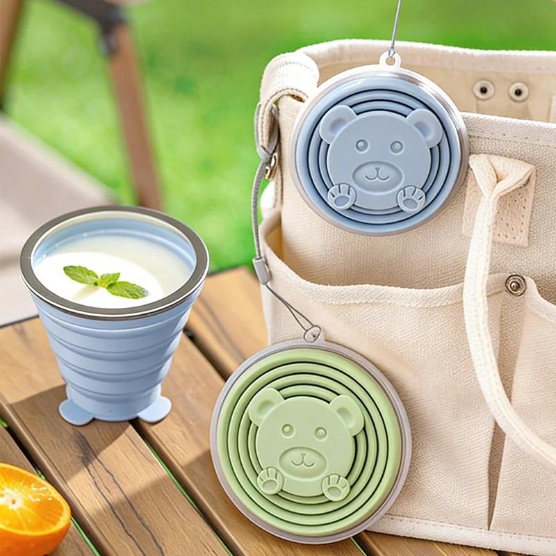 Portable Foldable Silicone Cup for Travel Cute Bear Design Collapsible Water Bottle Mouthwash Cup 180ml