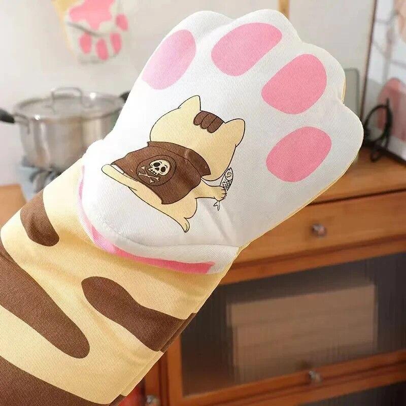 Microwave Long Cotton Gloves Cute Cat Paws Oven Insulation Gloves Heat Resistant Non-Slip Single Glove Kitchen Baking Supplies One Pack