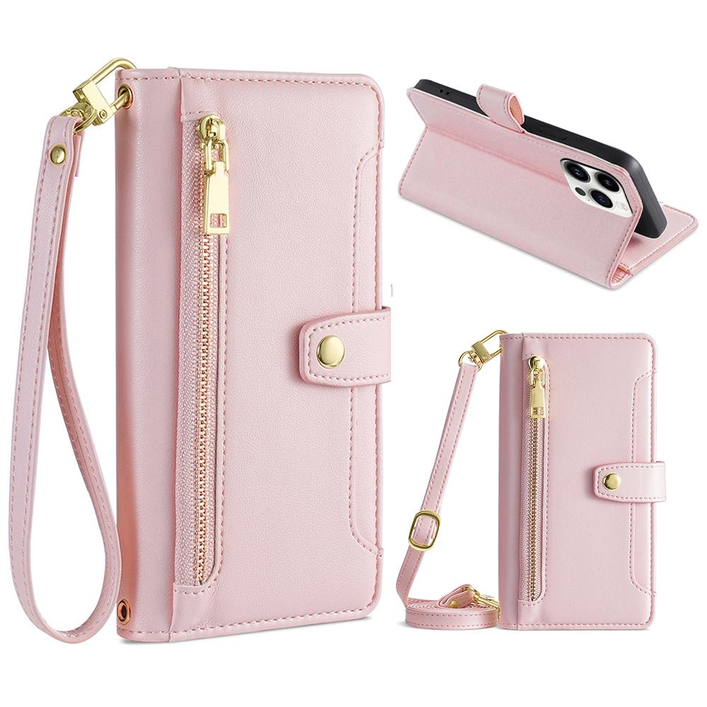 

Шкіряний чохол-гаманець для iPhone 15 Pro Max, слоти для кредитних карток на блискавці, підставка, чохол для телефону з ремінцем на зап ясті та плечовим ременем Pink