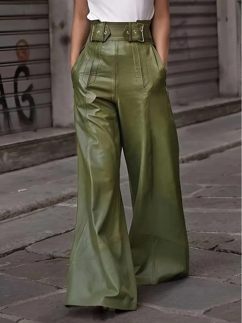 

2026 High Waist Loose PU Leather Flared Pants with Pockets for Women S армія зелений колір