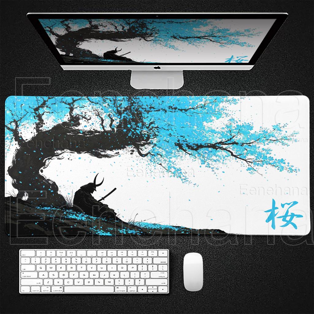 Samurai Anime Mauspads Sakura Landschaft Schreibtischunterlage Schwarz Weiß Gamer Tastatur Großes Mauspads PC Zubehör Gaming Laptop Teppich