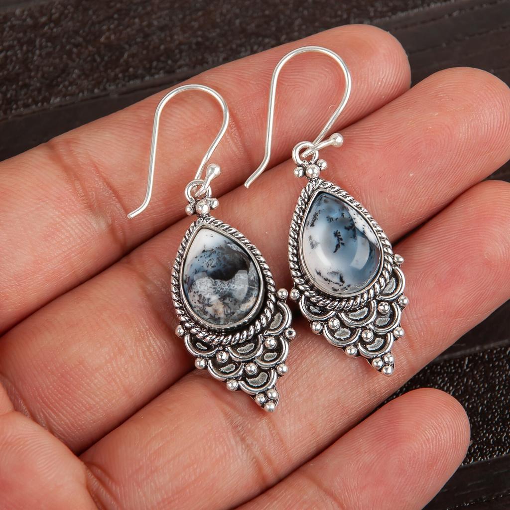 Rare Dendritic Opal Gemstone 925 Sterling Silver Jewelry Handmade Earrings1.9" EE-85-21