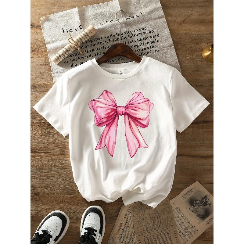 European Size Women's Casual Short Sleeve T-Shirt with Elegant Pink Bow Graphic Print - Breathable Round Neck Top, Semi-Sheer