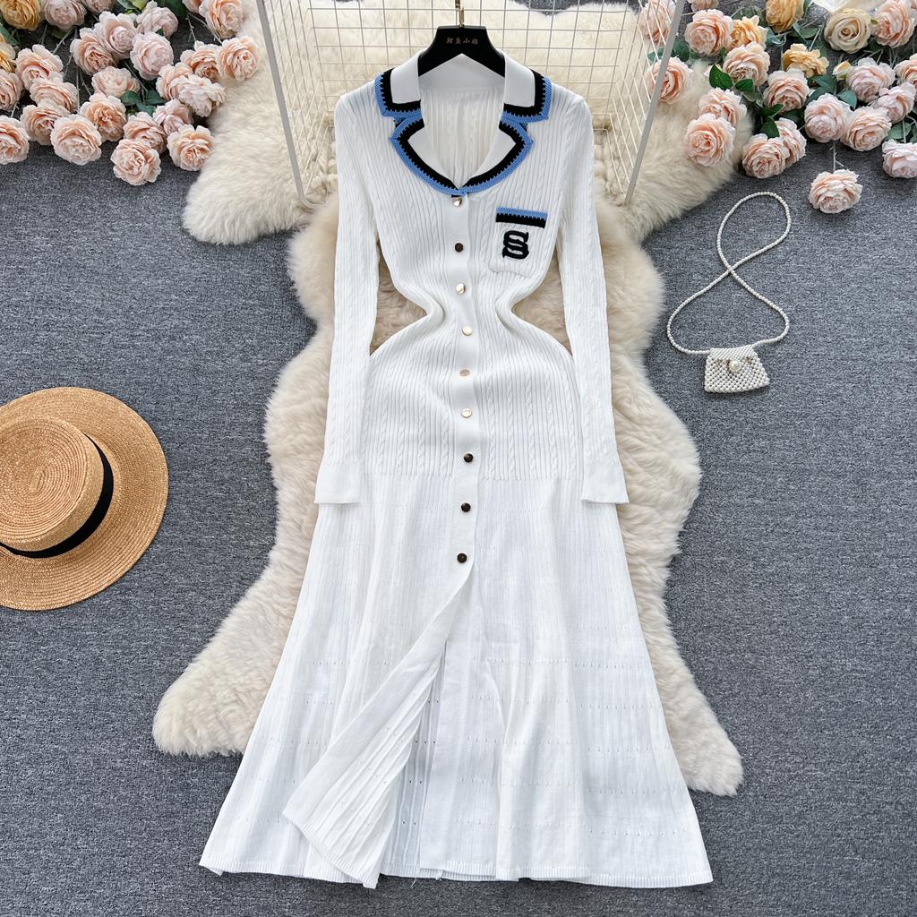 Autumn Winter Wear Embroidery Letter Knitted Sweater Dress Women Polo Single Breasted Designer Temperament Long Dresses