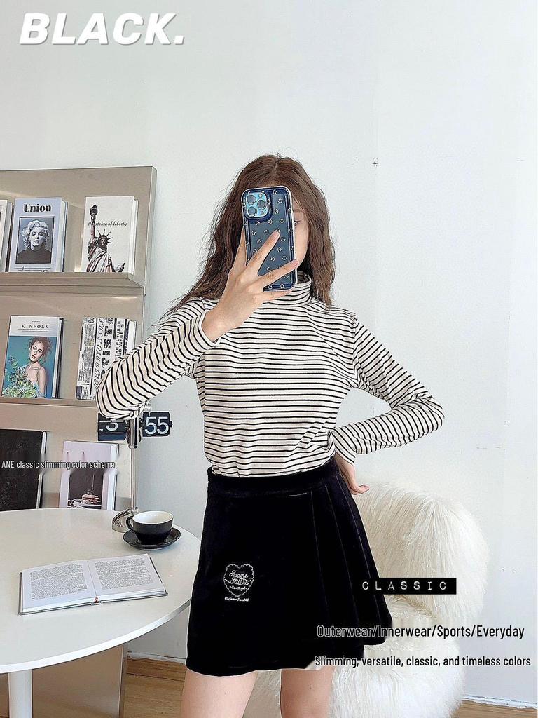 Women's Striped Velvet Mid-Neck Pullover - Autumn/Winter Warm Slim-Fit Long Sleeve Shirt
