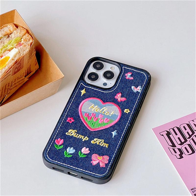 Ins koreanische süße Blume Denim bestickt Handytasche für Iphone 14 13 12 11 Pro Xs Max X Xr Liebe Herz Y2k stoßfeste weiche Abdeckung