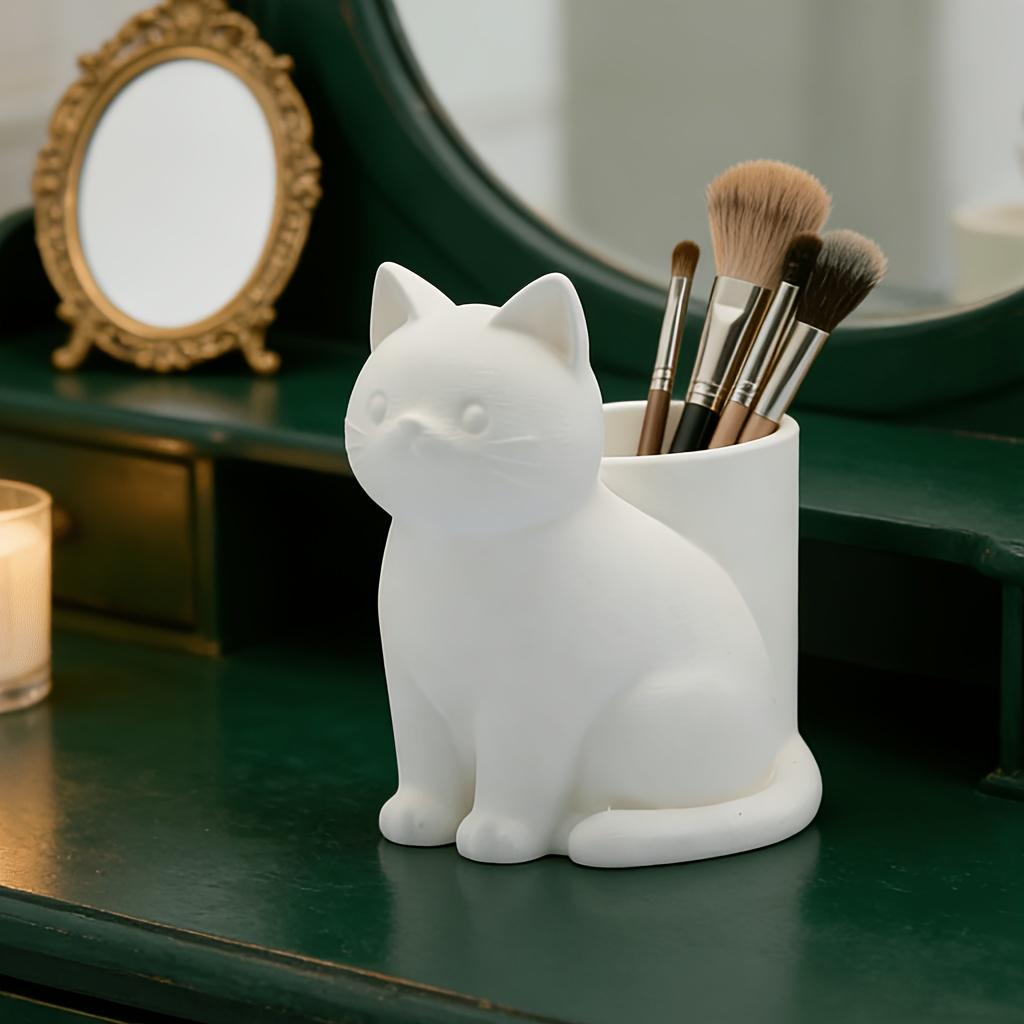 Cute White Cat Shaped Pen Holder, Desk Stationery Organizer for Office Supplies Storage White Cat Pen Holder
