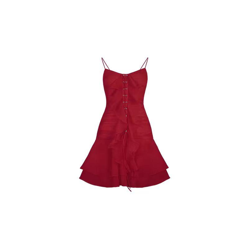 French Sweet Party Mini Dresses Women Summer PNew Lace-up Strap Dress Female Korean Fashion Solid Slim Flounce Fairy Dress 2024