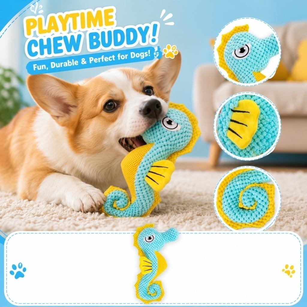 Durable Dog Chew Toy Soft Plush Seahorse Shape Pet Toy for Interactive Play and Teeth Cleaning Suitable for Small Medium Large Dogs