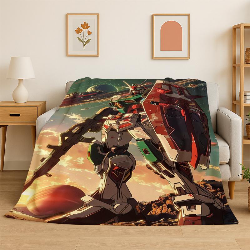 Classic Gundam Cartoon Robot Flannel Blanket Soft Warm Throw Blanket for Bedroom Living Room Bed Travel Camping Picnic Kids