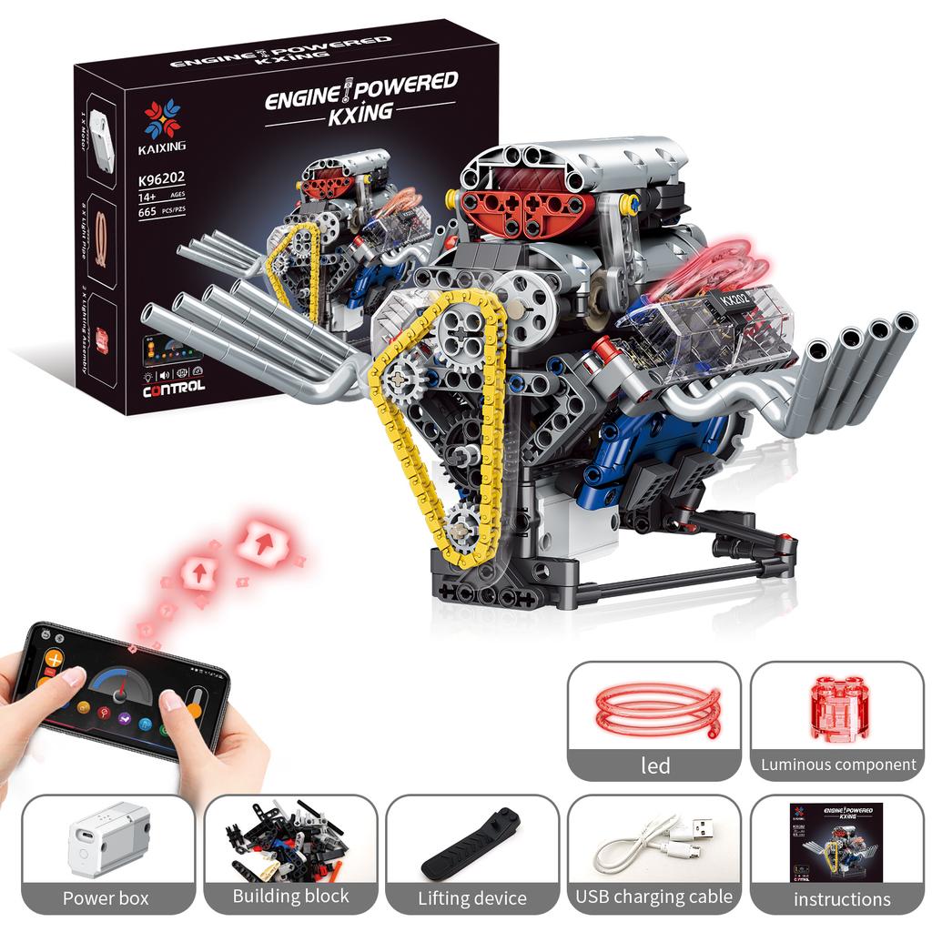 Moc 665Pcs Creative Electric Rc App Control V8 Engine Led Assembly Building Blocks Diy Children'S Puzzle Toy Birthday Gift