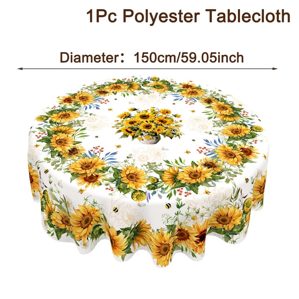 Sunflower Tablecloth Bee Floral Pattern Polyester Table Cover for Farmhouse Wedding Table Decor Spring Summer Party Supplies