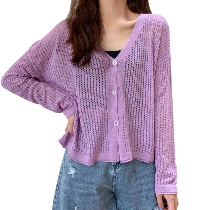 

Женский полый короткий вязаный солнцезащитный кардиган с длинными рукавами на пуговицах и v-образным вырезом One Size