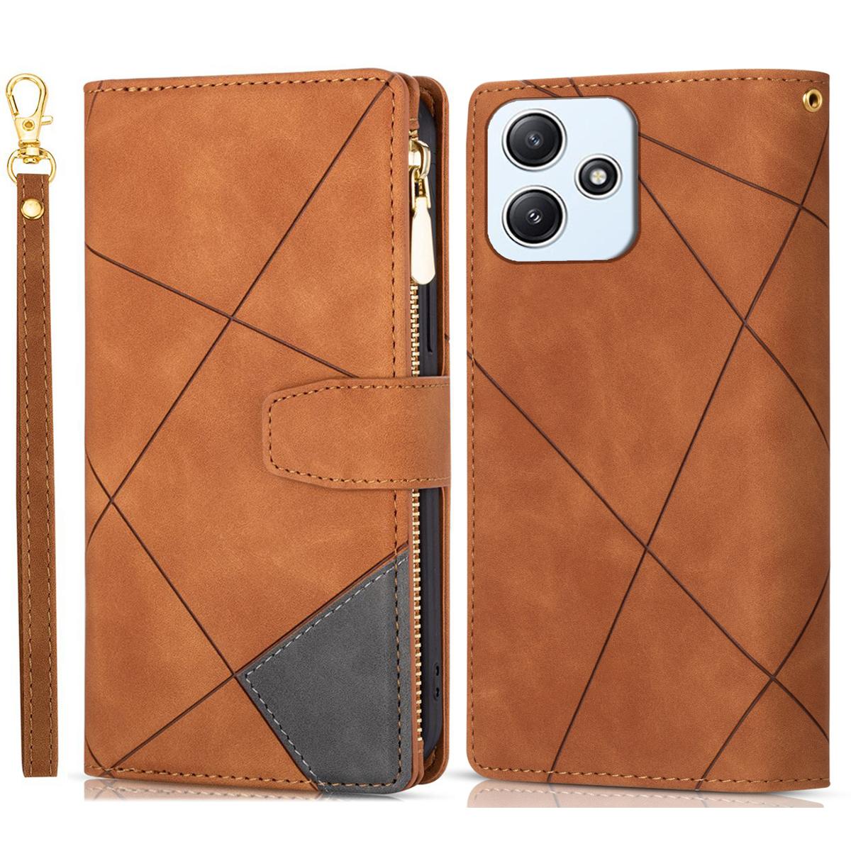 

For Xiaomi Redmi 12 4G/5G (Global)/Poco M6 Pro 5G Case Zipper Pocket Phone Wallet Cover Brown