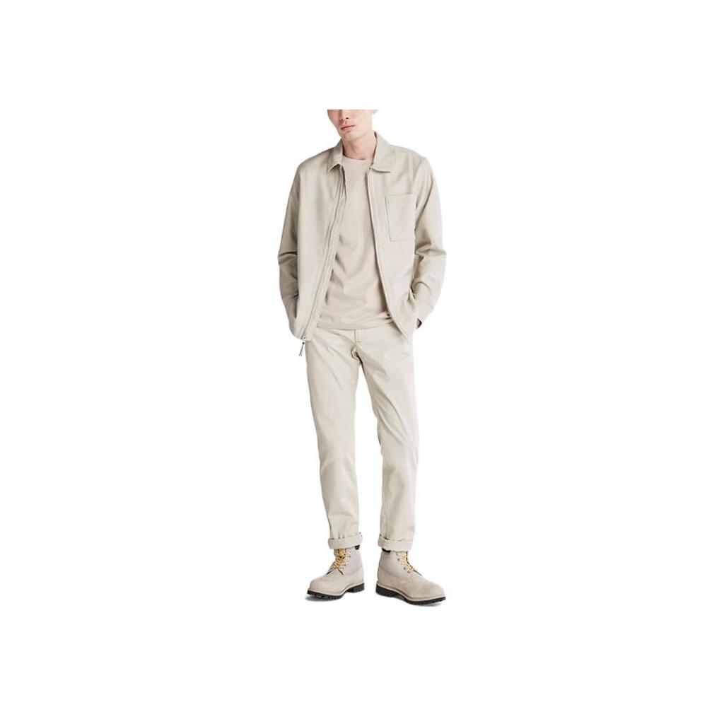 Timberland Solid Color Chest Pocket Zipper Collar Long Sleeve Shirt Men shirts Beige A5UND-CY2