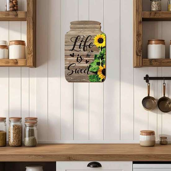 Artistic Wall Decor Panels Mason Jar Shape Decoration, Wooden Art with Sunflower Print, Restaurant Ornaments Retro Rustic Hanging for Farmhouse