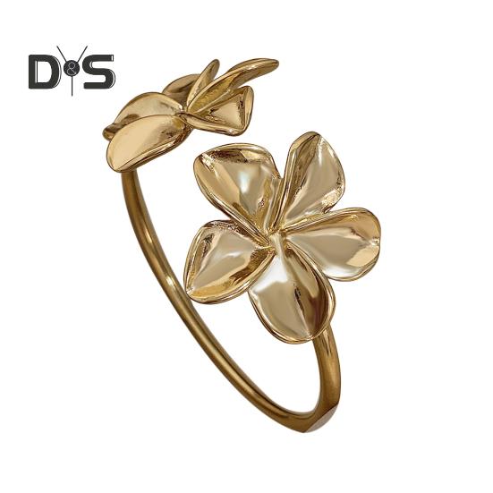 Flower Cuff Bracelets for Women Double Flower Open Bangle Bracelet Adjustable Metal Bracelets Wedding Party Jewelry