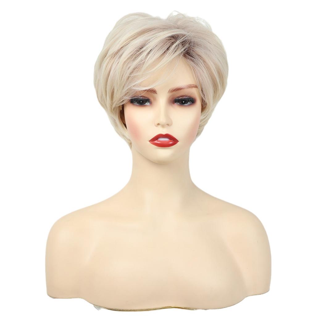 Parrucche Sintetiche Biondo Chiaro Stratificate con Frangia Corte Morbide Ondulate per Donne Uso Quotidiano Festa Cosplay Fibra Resistente al Calore