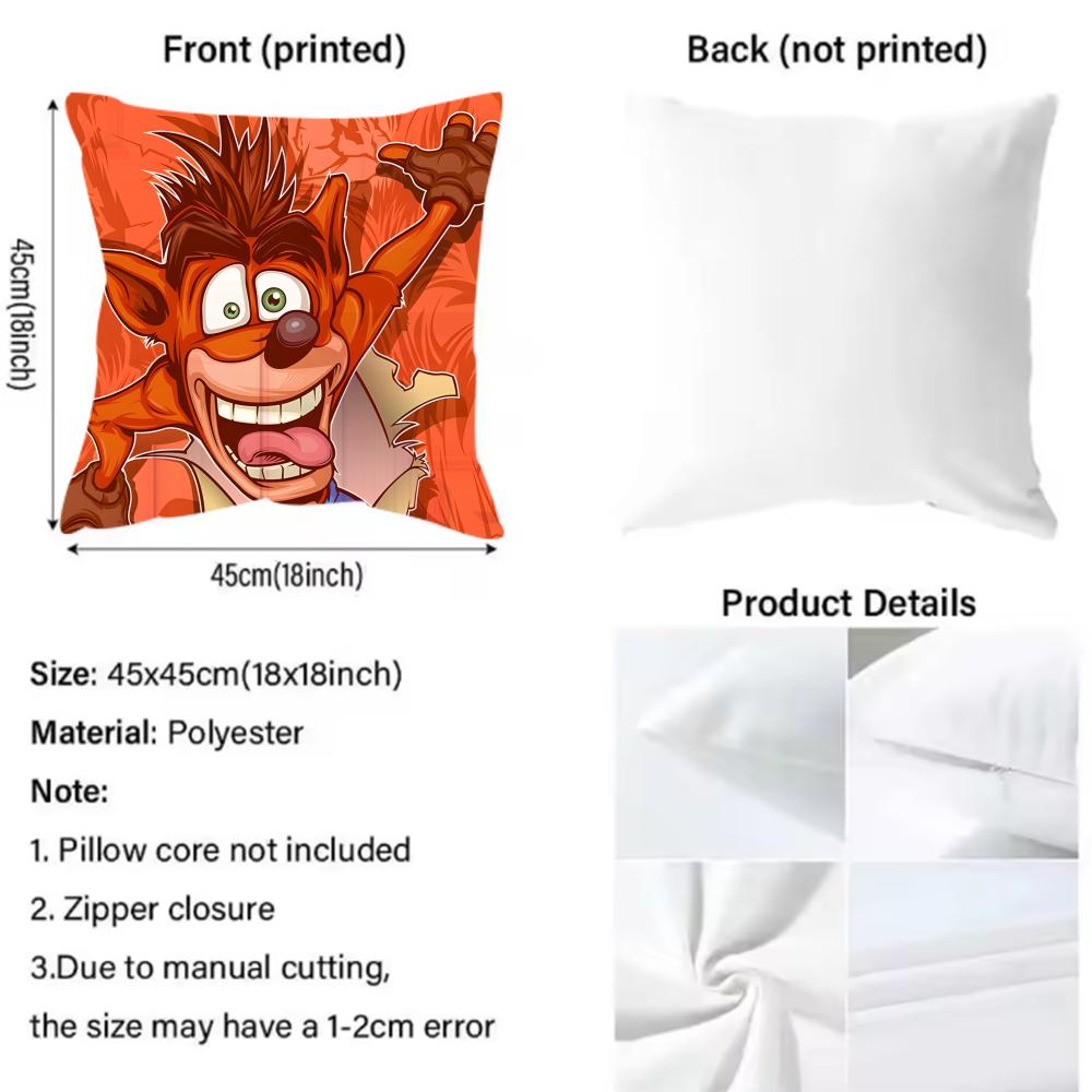 Game Cartoon Crashs B-Bandicoot Cushion Cover Reversible Plush Pillow Cover – For car, sofa, bedroom, perfect as a gift.