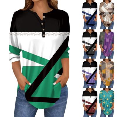 3/4 Length Sleeve Womens Tops Summer T-Shirts Floral Print V Neck Casual Basic Tee Button Shirts Tunic Tops