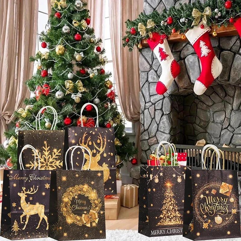 6/12Pcs Gold Black Kraft Gift Bags with Handle Elk Snowflake Christmas Tree Bronzing Paper Bag Merry Christmas Party Favors Bag