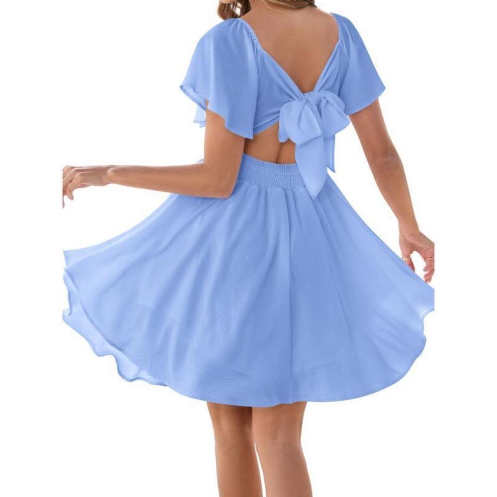 Women's Sweetheart Neck Short Sleeve Mini Dress A-Line High Waist Solid Twist Bow Back Vacation Sundress