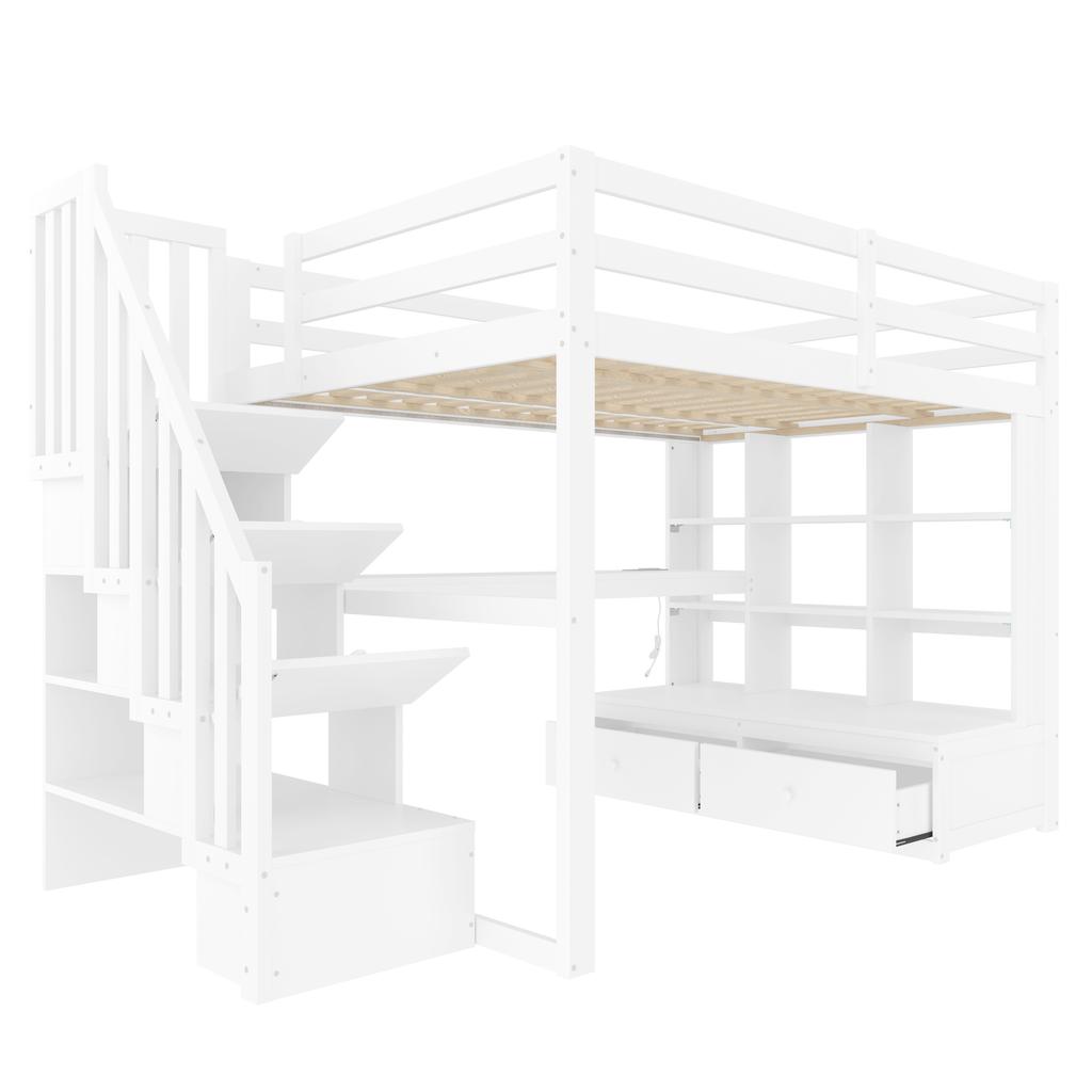 Letto a soppalco 140x200 con Scrivania e Mensole, Due Cassetti Integrati, Scala con Scomparti, Bianco
