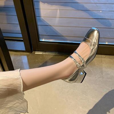 Sheepskin Version Silver Thick Heel Mary Jane Shoes Women's New Square Head Light Mouth One-word Buckle Strap Single Shoes Women's High Heels