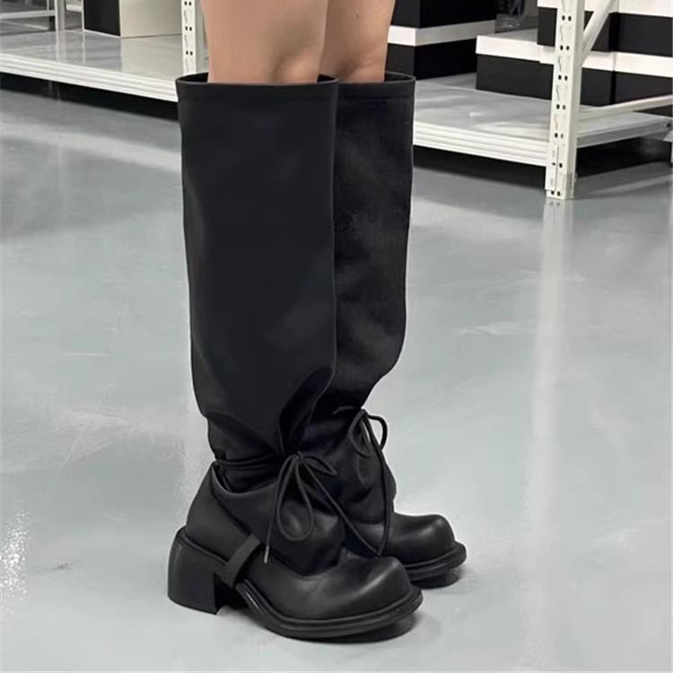 2025 autumn and winter new thick heel high heel boots straps thin big tube circumference black boots long tube knight fashion boots